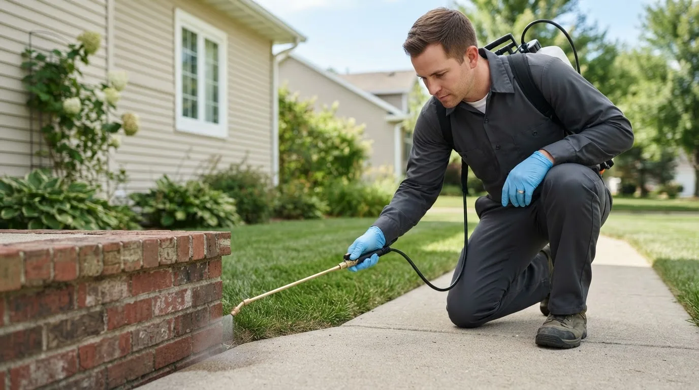 Pest control technician treating a home near Batesland, SD